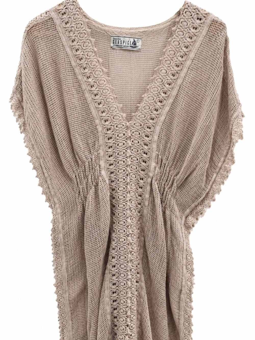 Seaspice Resort Wear Crochet Knit Cover Up Dress Caftan Large Beige Boho Coastal